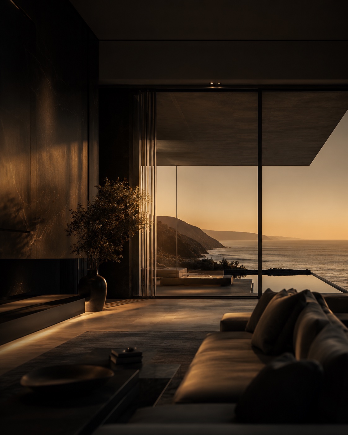 Interior contemporâneo com vista para o mar ao pôr do sol